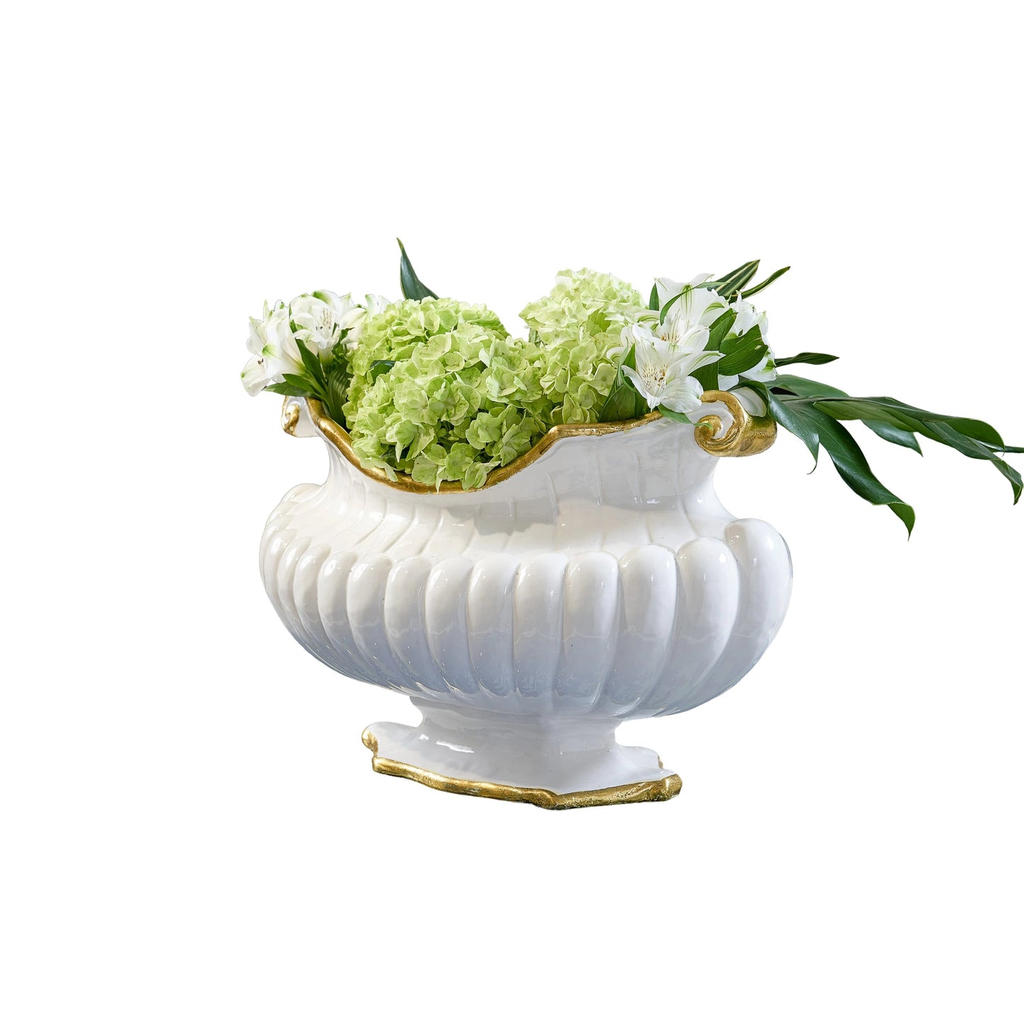 001 SR-383478 | Primary Silo | Oval Pot by Chelsea House in white glaze, metallic gold trim. Made from white glaze with gold trim in a traditional style.