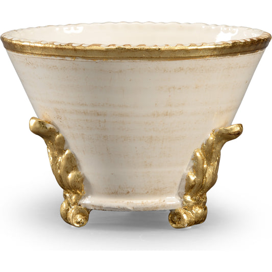Italian Cachepot by Chelsea House in white glaze, metallic gold detail. Made from white glaze on ceramic in a transitional style.