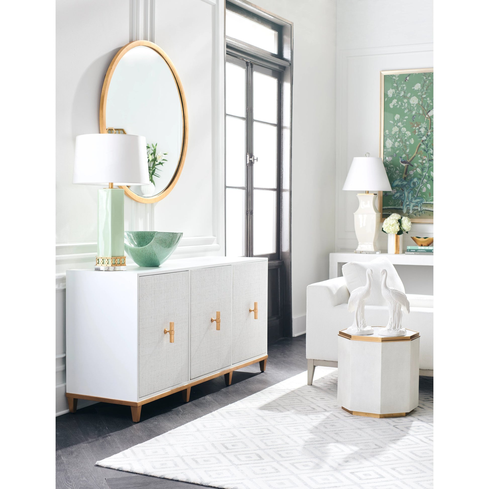Round Mirror by Chelsea House in antique gold leaf, beveled. Made from unique in a transitional style.