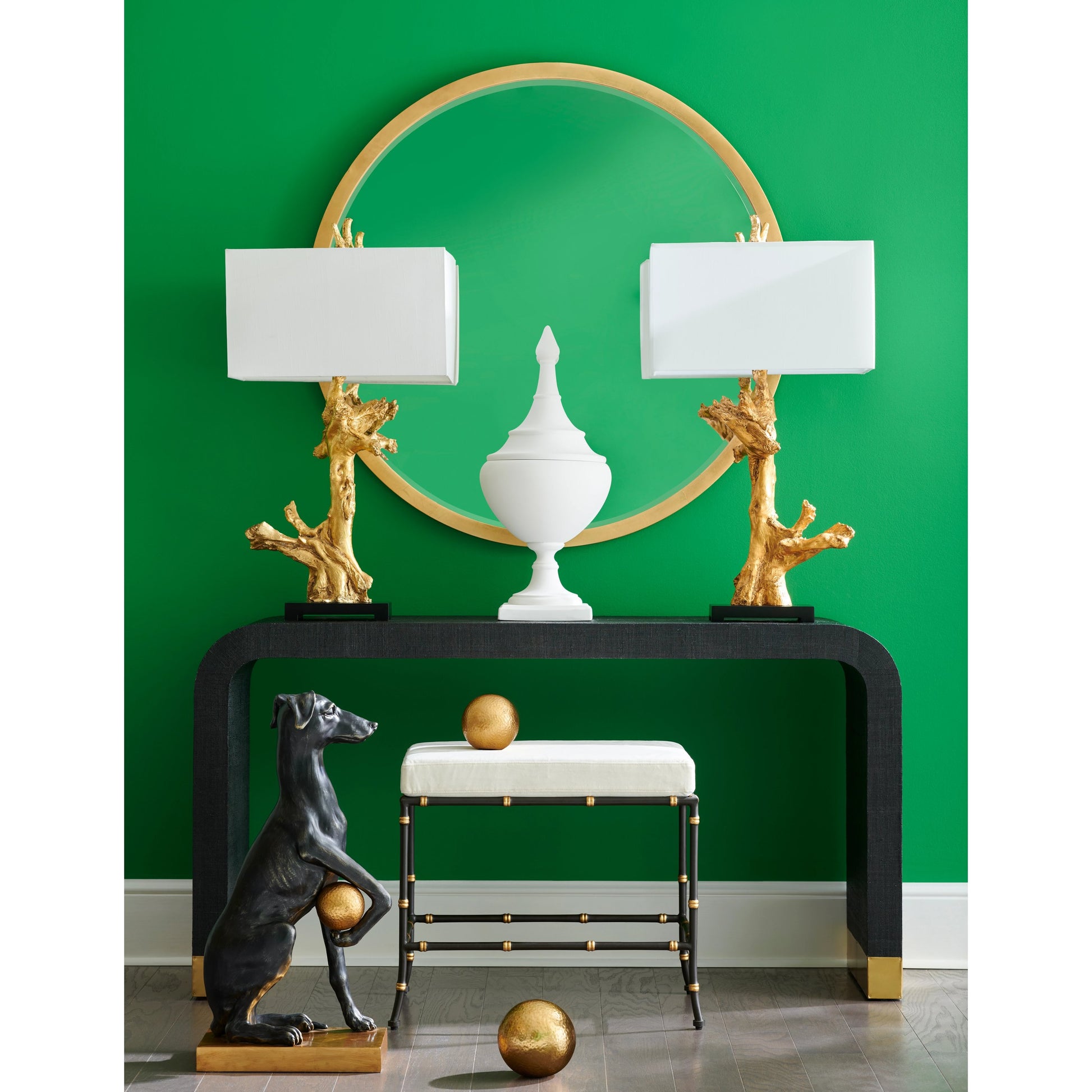 Round Mirror by Chelsea House in antique gold leaf, beveled. Made from unique in a transitional style.