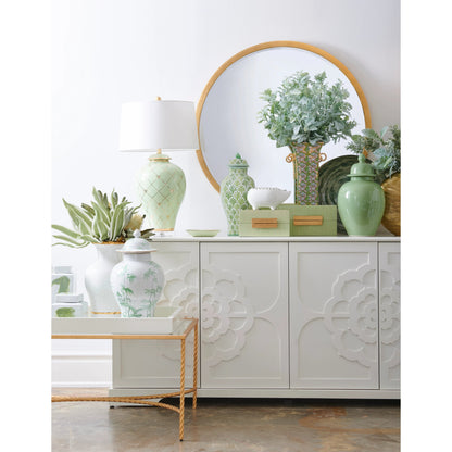 Round Mirror by Chelsea House in antique gold leaf, beveled. Made from unique in a transitional style.
