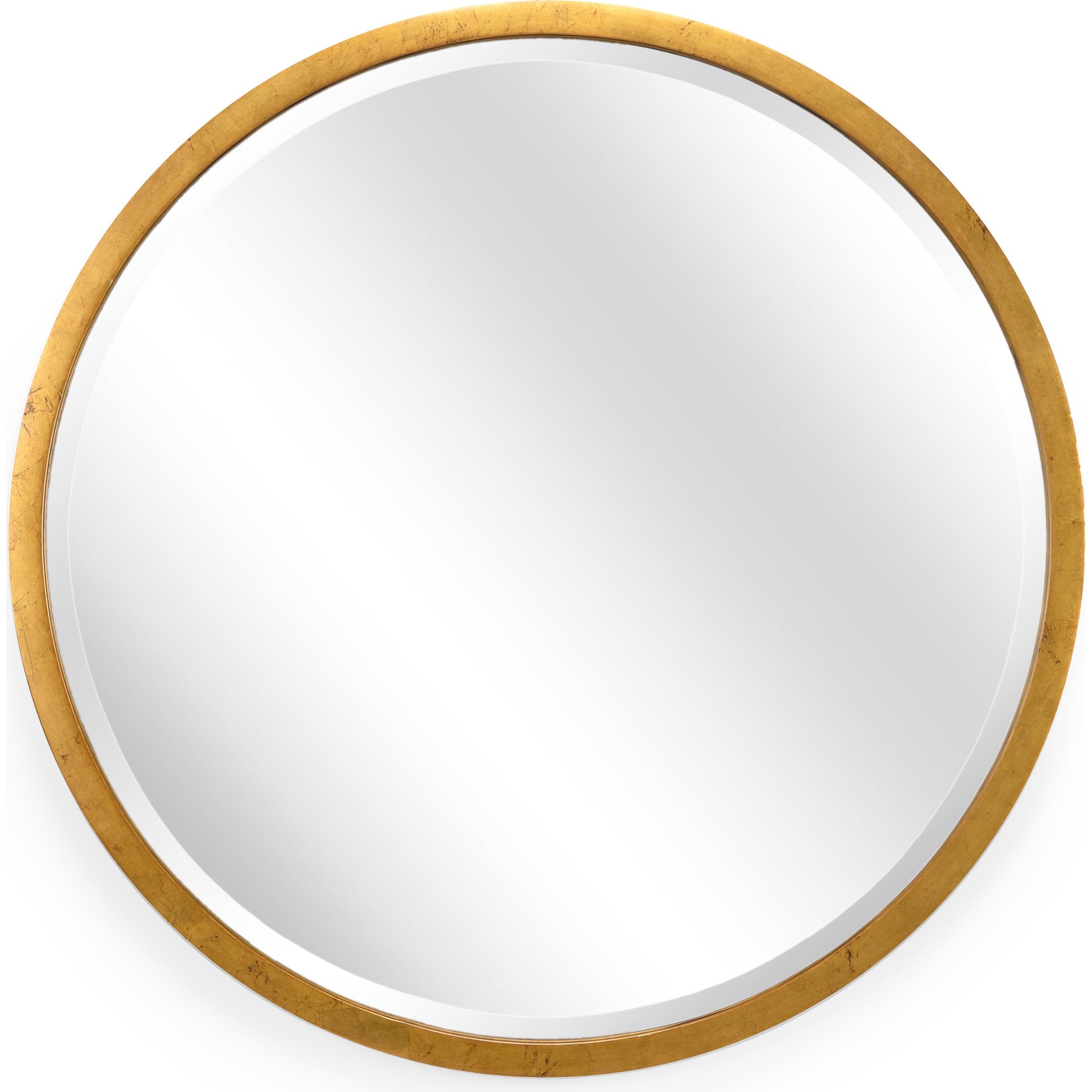 Round Mirror by Chelsea House in antique gold leaf, beveled. Made from unique in a transitional style.