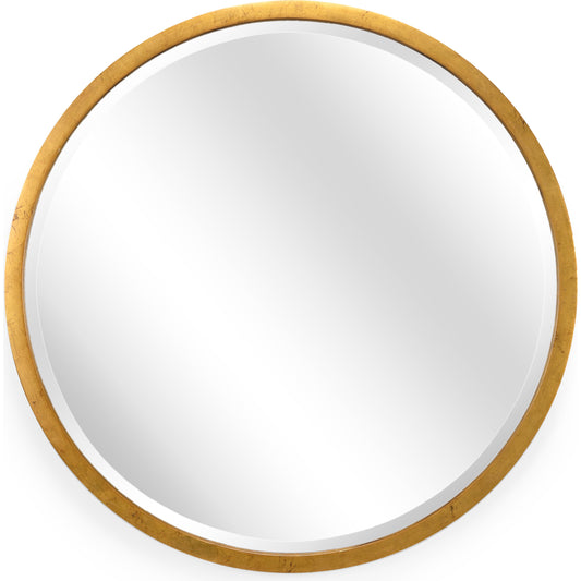 Round Mirror by Chelsea House in antique gold leaf, beveled. Made from unique in a transitional style.