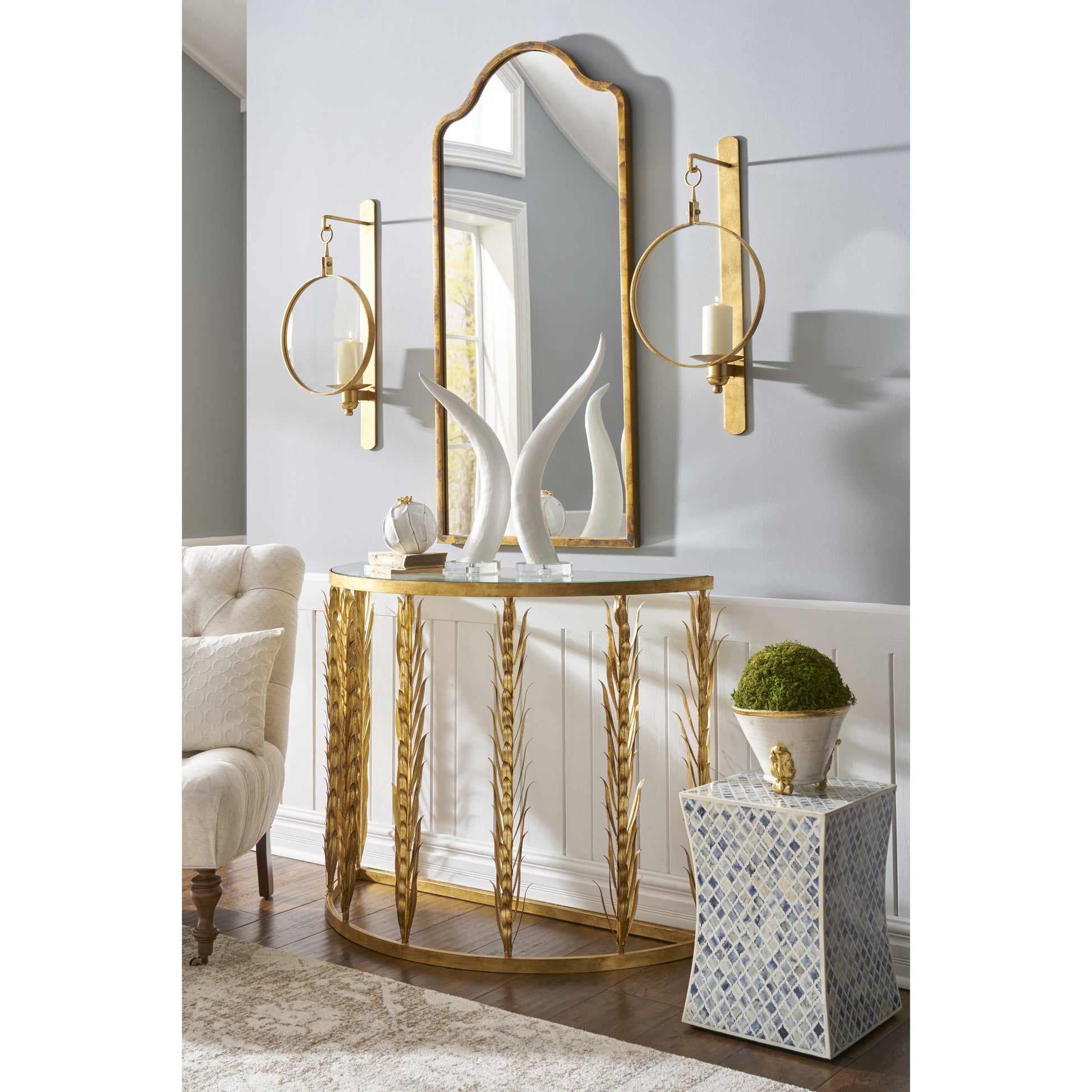 Scalloped Top Mirror by Chelsea House in antique gold leaf, plain. Made from gold leaf finish in a transitional style.