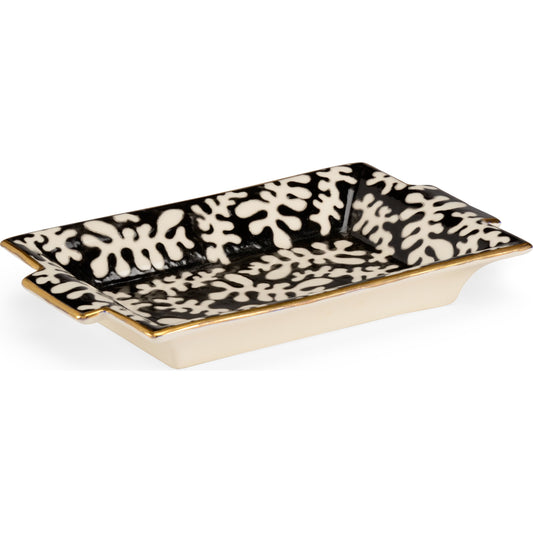 Coral Tray by Chelsea House in black, white, gold. Made from white glazes - gold trim in a eclectic & global style.