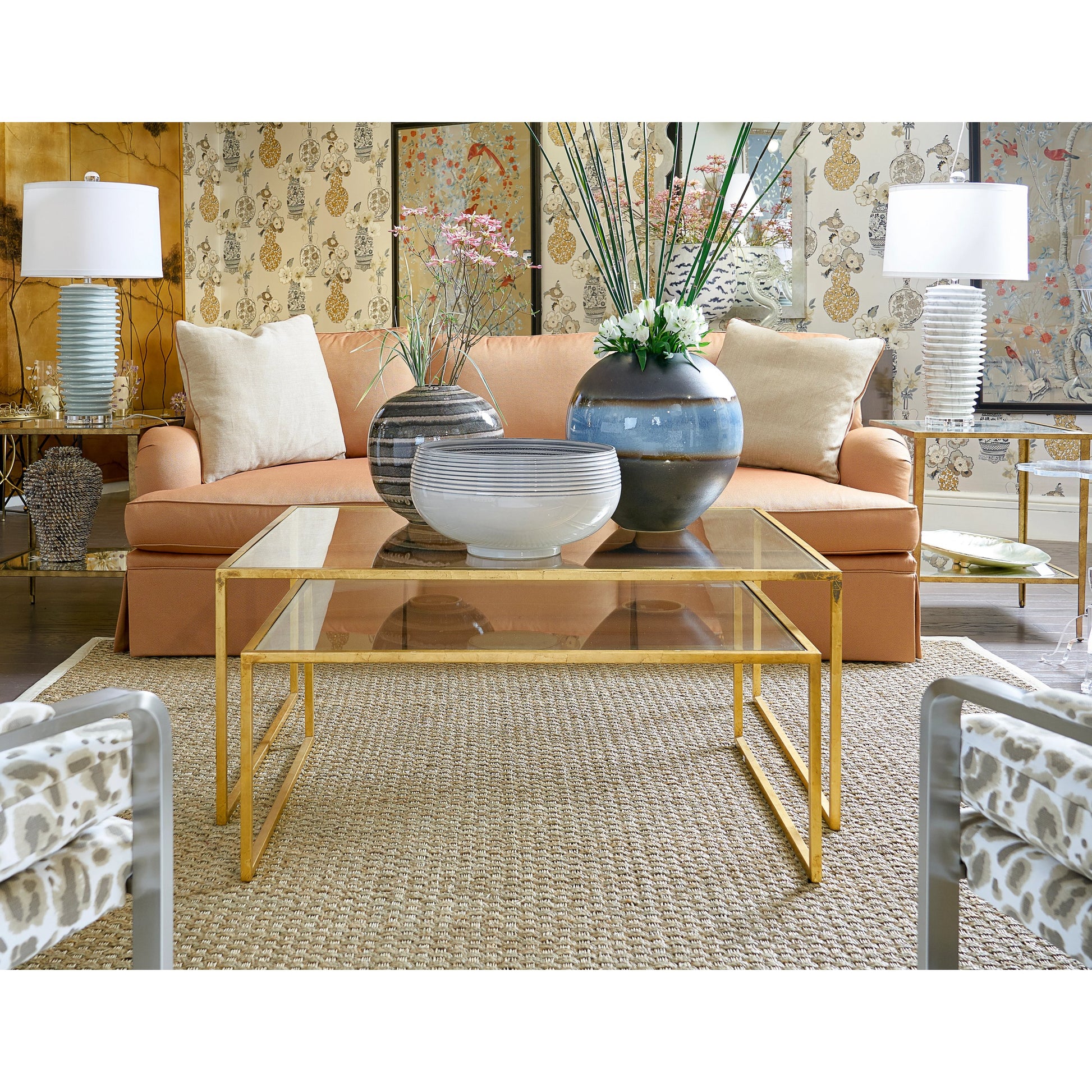 Nested Cocktail Tables by Chelsea House in gold leaf, clear. Made from gold leaf finish - iron in a modern style.