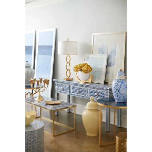 New London Console by Chelsea House in blue, white, fish scale pattern. Made from indigo blue bone inlay in a eclectic & global style.