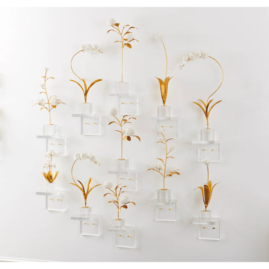 Rose in Stand by Chelsea House in antique gold leaf, matte white glaze, clear. Made from iron in a transitional style.