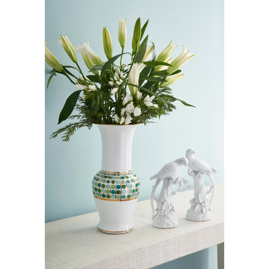 Cambridge Vase by Chelsea House in greens, white, gold. Made from porcelain in a transitional style.