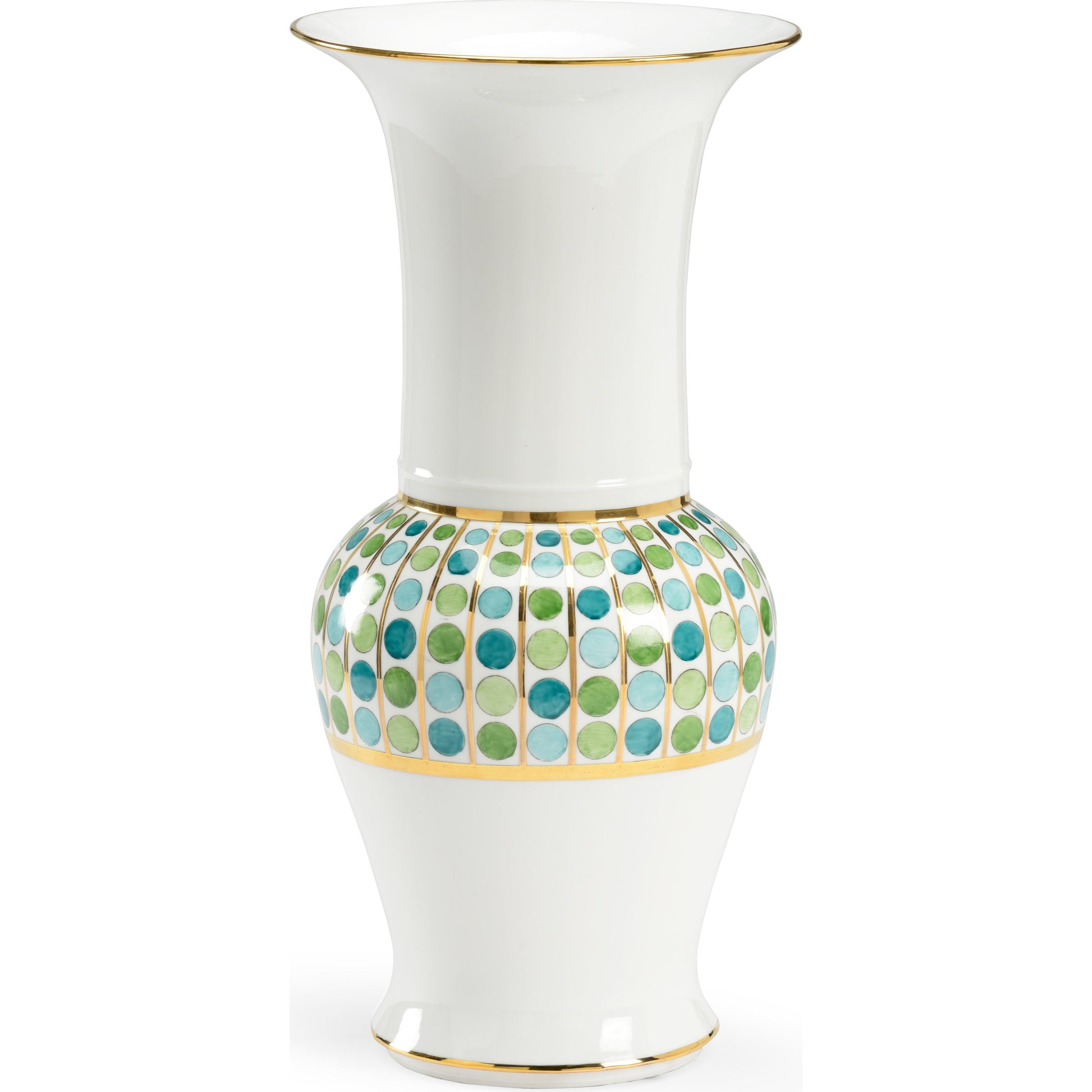 Cambridge Vase by Chelsea House in greens, white, gold. Made from porcelain in a transitional style.