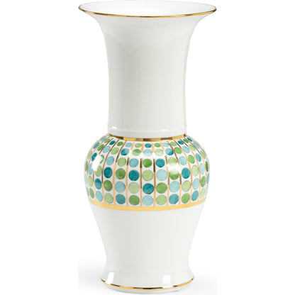 Cambridge Vase by Chelsea House in greens, white, gold. Made from porcelain in a transitional style.