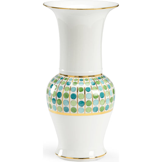 Cambridge Vase by Chelsea House in greens, white, gold. Made from porcelain in a transitional style.