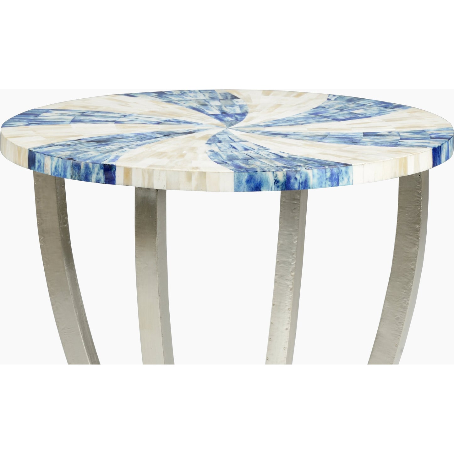 002 SR-382083 | Closeup | Blue Swirl Side Table by Chelsea House in cream and blue, silver. Made from wood in a coastal style.