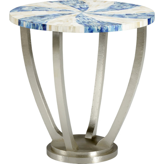 Blue Swirl Side Table by Chelsea House in blue, white, silver. Made from wood in a coastal style.