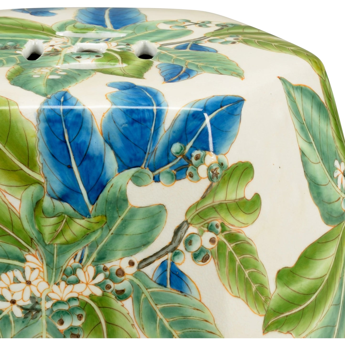 002 SR-382646 | Closeup | Floral Garden Seat by Chelsea House in off white, greens, blue. Made from porcelain in a coastal style.