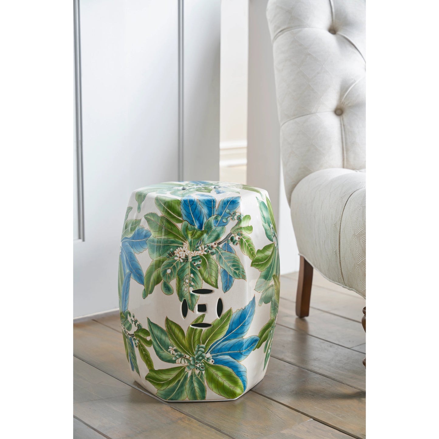 003 SR-382646 | Lifestyle | Floral Garden Seat by Chelsea House in off white, greens, blue. Made from porcelain in a coastal style.