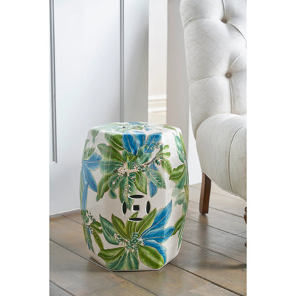 Floral Garden Seat by Chelsea House in off white, greens, blue. Made from porcelain in a coastal style.