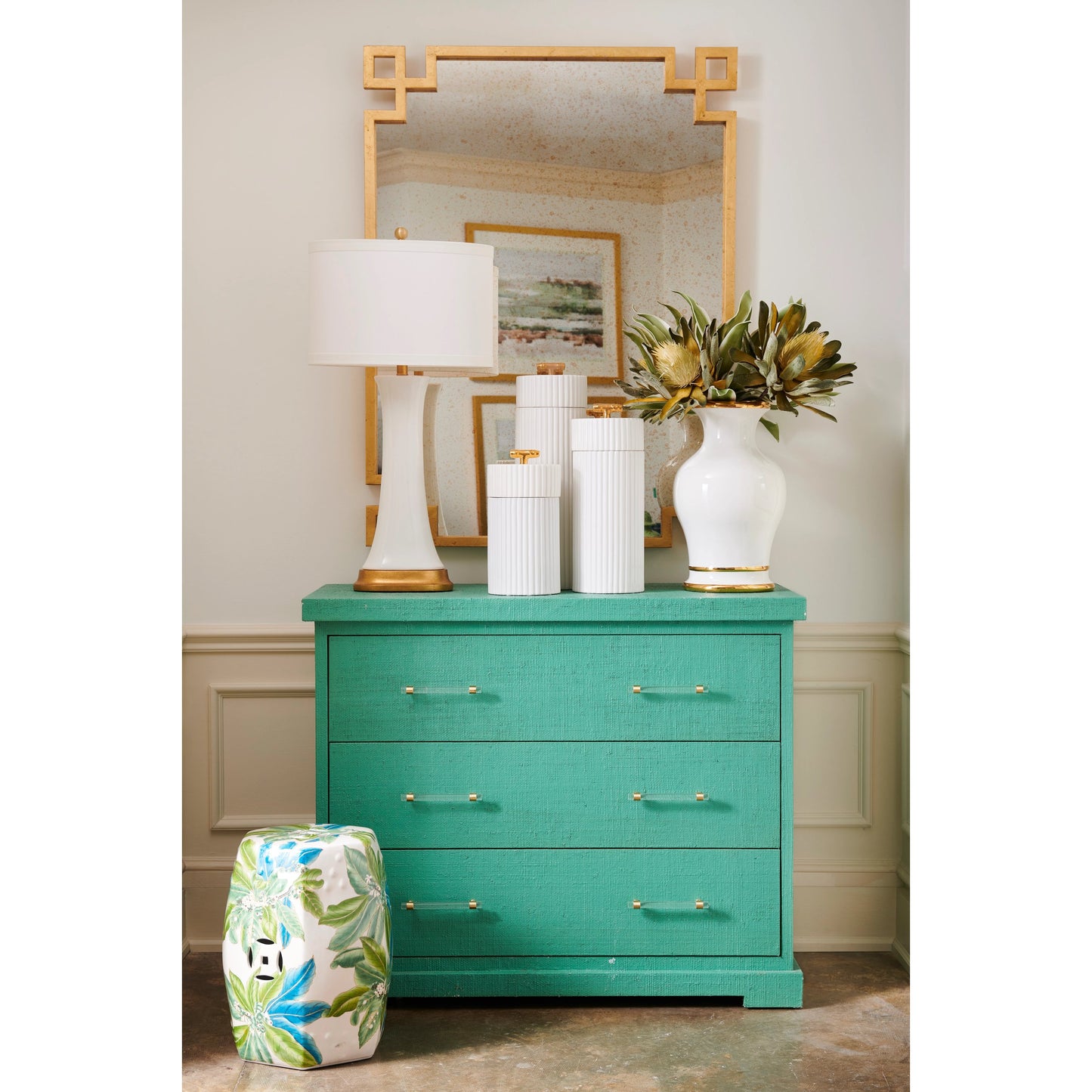 004 SR-382646 | Lifestyle | Floral Garden Seat by Chelsea House in off white, greens, blue. Made from porcelain in a coastal style.