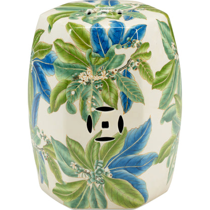 Floral Garden Seat by Chelsea House in off white, greens, blue. Made from porcelain in a coastal style.