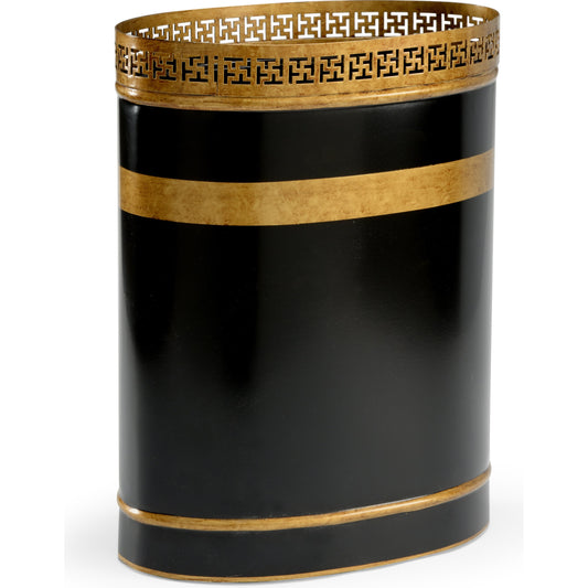 Robbins Wastebasket by Chelsea House in black, antique gold. Made from iron in a traditional style.