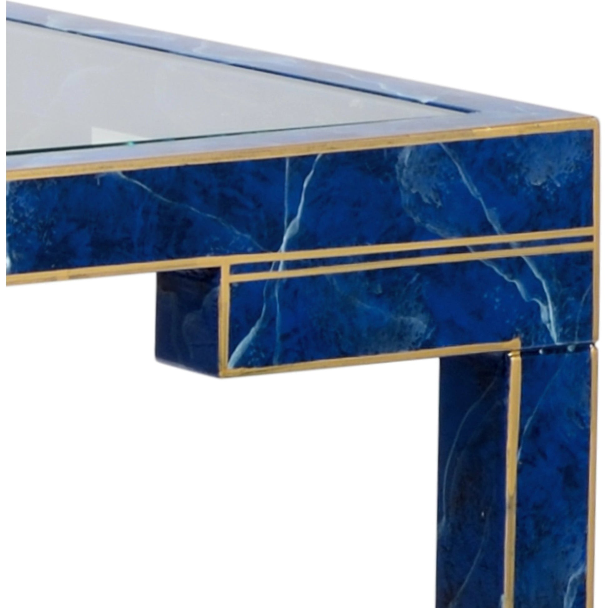Decker Console by Chelsea House in old gold trim-black frame. Made from glass top in a transitional style.