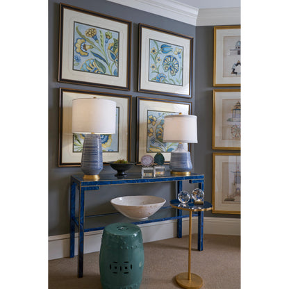 Decker Console by Chelsea House in old gold trim-black frame. Made from glass top in a transitional style.