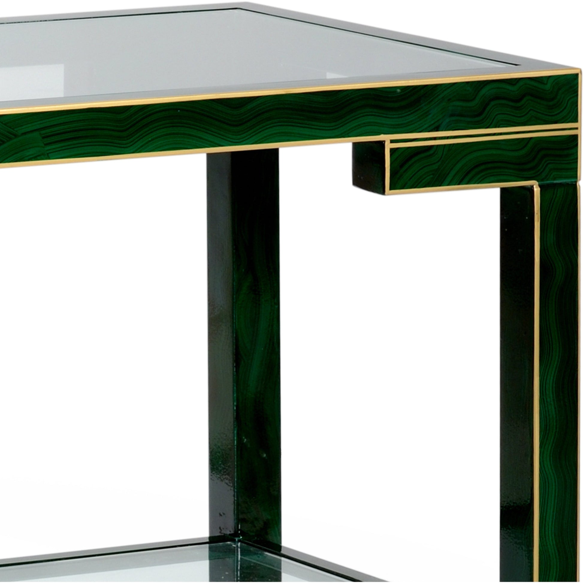 Decker Console by Chelsea House in old gold trim-black frame. Made from glass top in a transitional style.