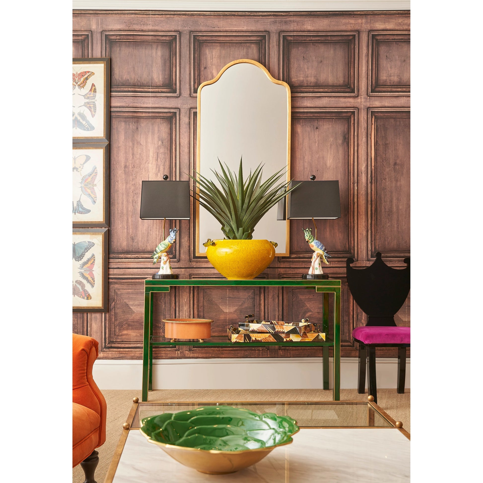Decker Console by Chelsea House in old gold trim-black frame. Made from glass top in a transitional style.