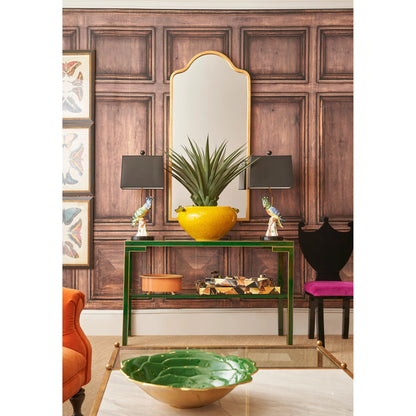 Decker Console by Chelsea House in old gold trim-black frame. Made from glass top in a transitional style.