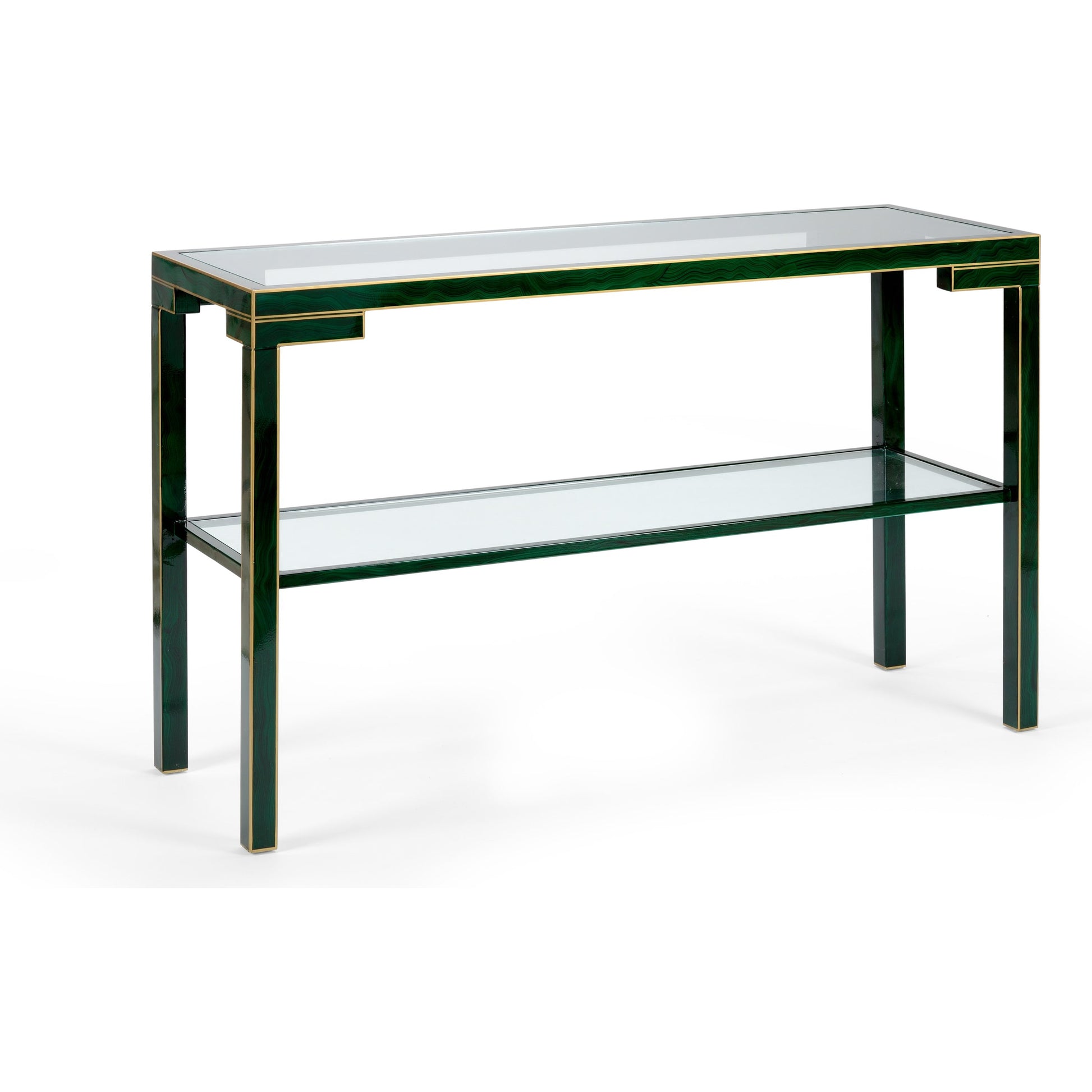 Decker Console by Chelsea House in old gold trim-black frame. Made from glass top in a transitional style.