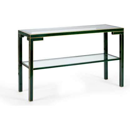 Decker Console by Chelsea House in old gold trim-black frame. Made from glass top in a transitional style.