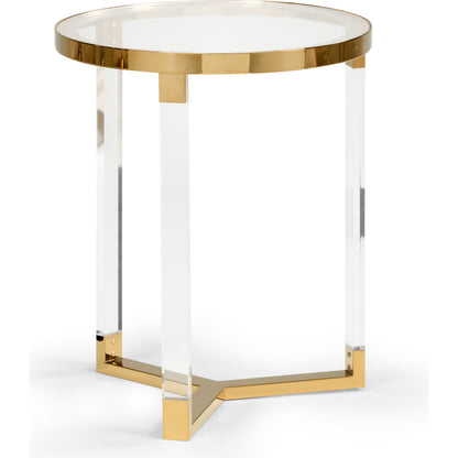 Moravian Side Table by Chelsea House in clear, clear, polished brass. Made from acrylic, glass, iron in a modern style.