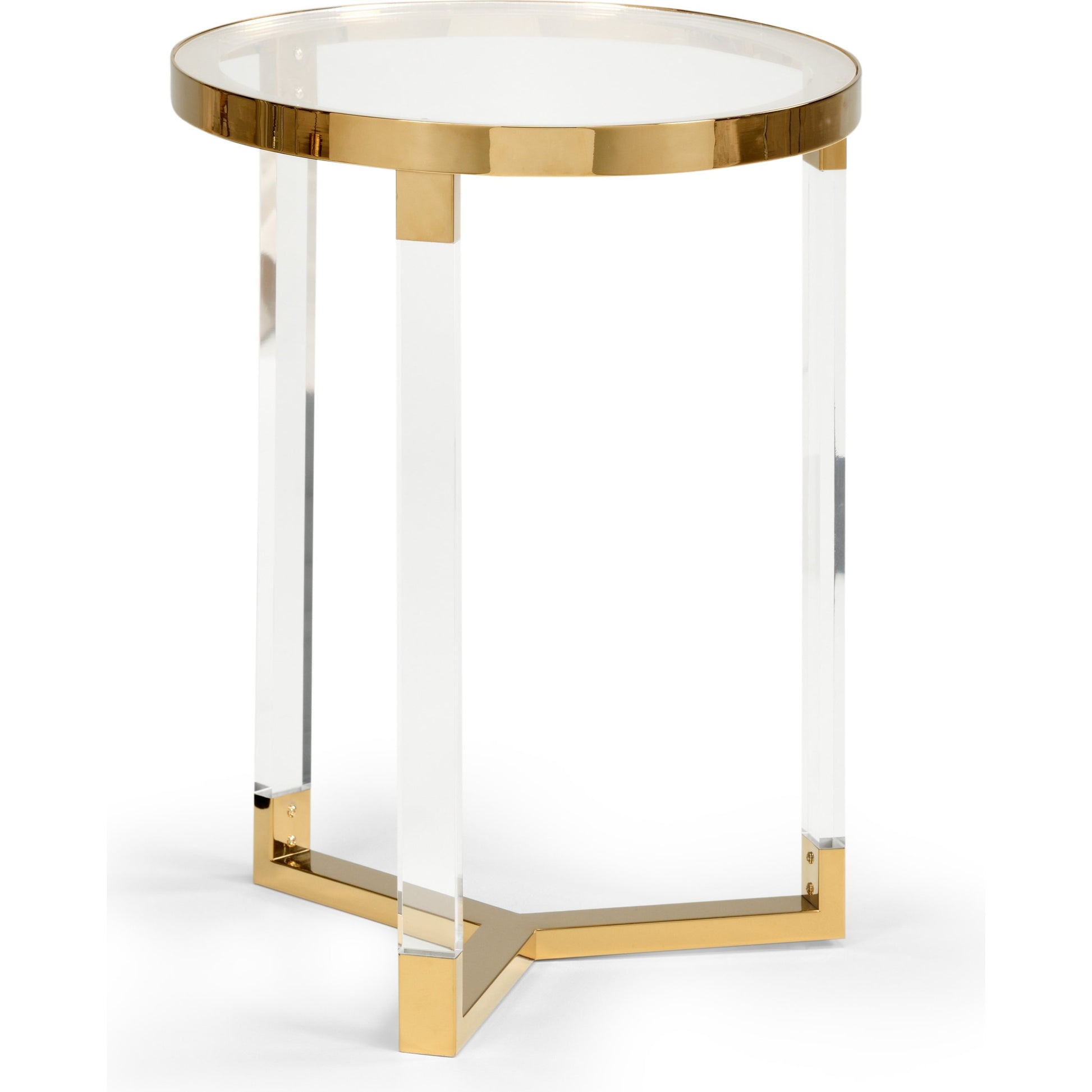 Moravian Side Table by Chelsea House in clear, clear, polished brass. Made from acrylic, glass, iron in a modern style.