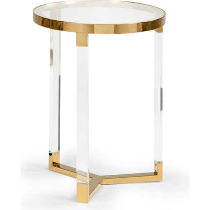 Moravian Side Table by Chelsea House in clear, clear, polished brass. Made from acrylic, glass, iron in a modern style.