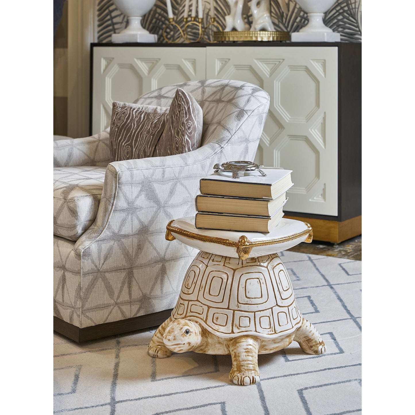 003 SR-384162 | Lifestyle | Turtle Garden Seat by Chelsea House in antique white, metallic gold glaze. Made from ceramic in a eclectic & global style.