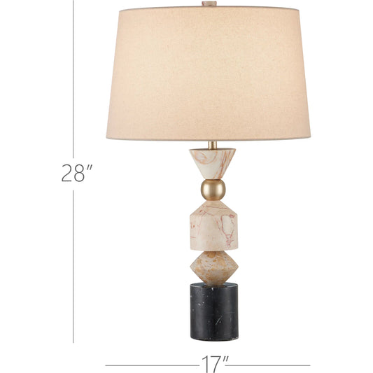 Seguso Table Lamp by Currey and Company in natural, black, brass. Made from black marquina, fossil beige, tennessee pink marble, golden calacatta marble, metal in a unique style.