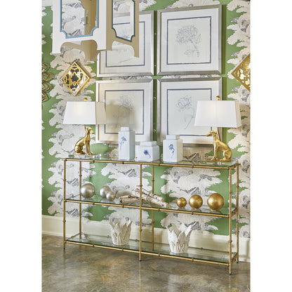 Lauren Console by Chelsea House in clear, beveled, antique gold leaf. Made from glass, beveled in a transitional style.
