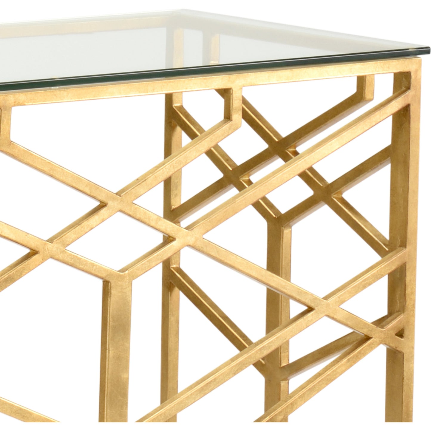 002 SR-384126 | Closeup | Trellis Console by Chelsea House in clear, beveled, antique gold leaf. Made from glass in a modern style.