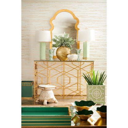Trellis Console by Chelsea House in clear, beveled, antique gold leaf. Made from glass in a modern style.
