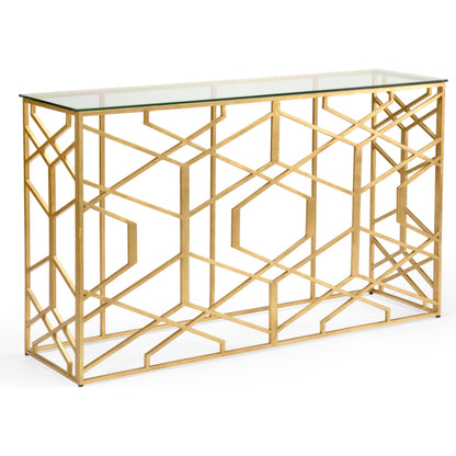 Trellis Console by Chelsea House in clear, beveled, antique gold leaf. Made from glass in a modern style.