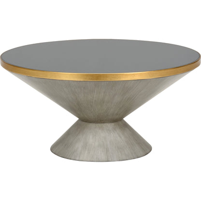 N Y Cocktail Table by Chelsea House in gray wash, antique gold, dark gray. Made from glass in a modern style.
