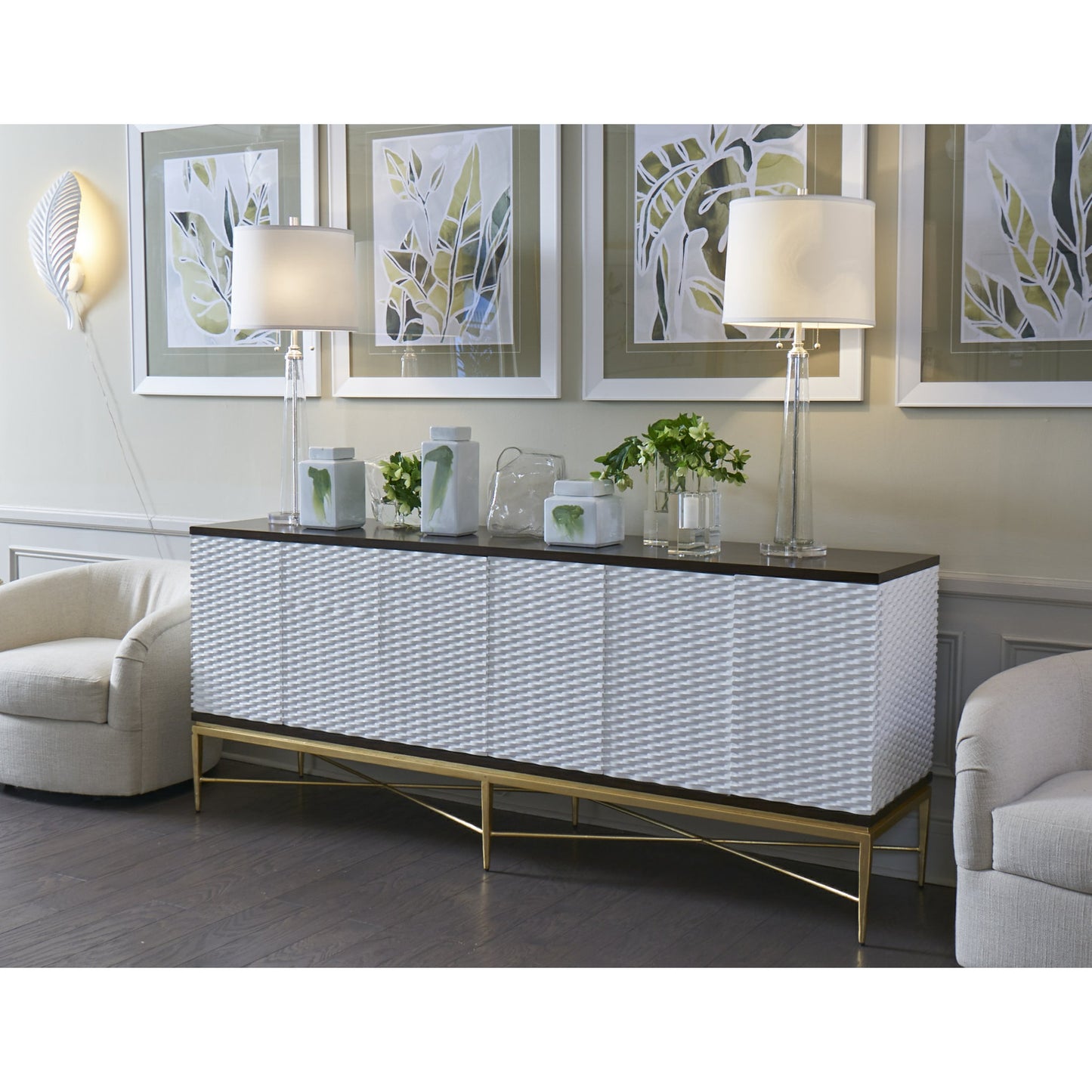 001 SR-383024 | Lifestyle | James Sideboard by Chelsea House in walnut, white, antique gold. Made from veneer, wood in a transitional style.