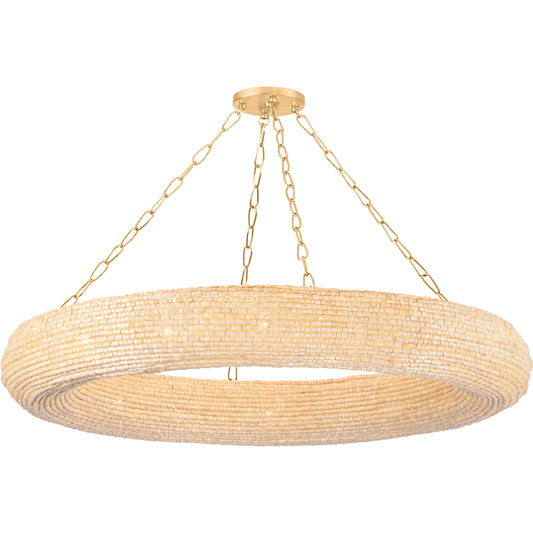 Lure Chandelier by Corbett in vintage gold leaf. Made from steel in a unique style.