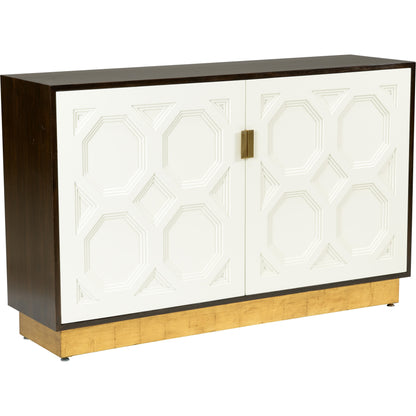 Ponzio Chest by Chelsea House in cream, dark brown, antique gold leaf. Made from wood in a modern style.