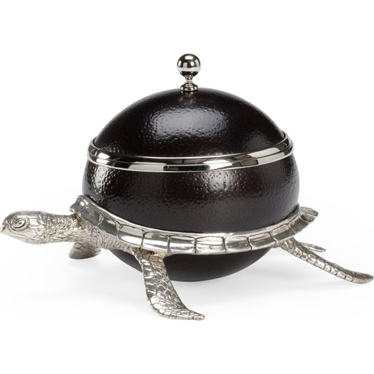Ostrich Shell Turtle Box by Chelsea House in black, silver. Made from brass, ostrich eggshell in a traditional style.