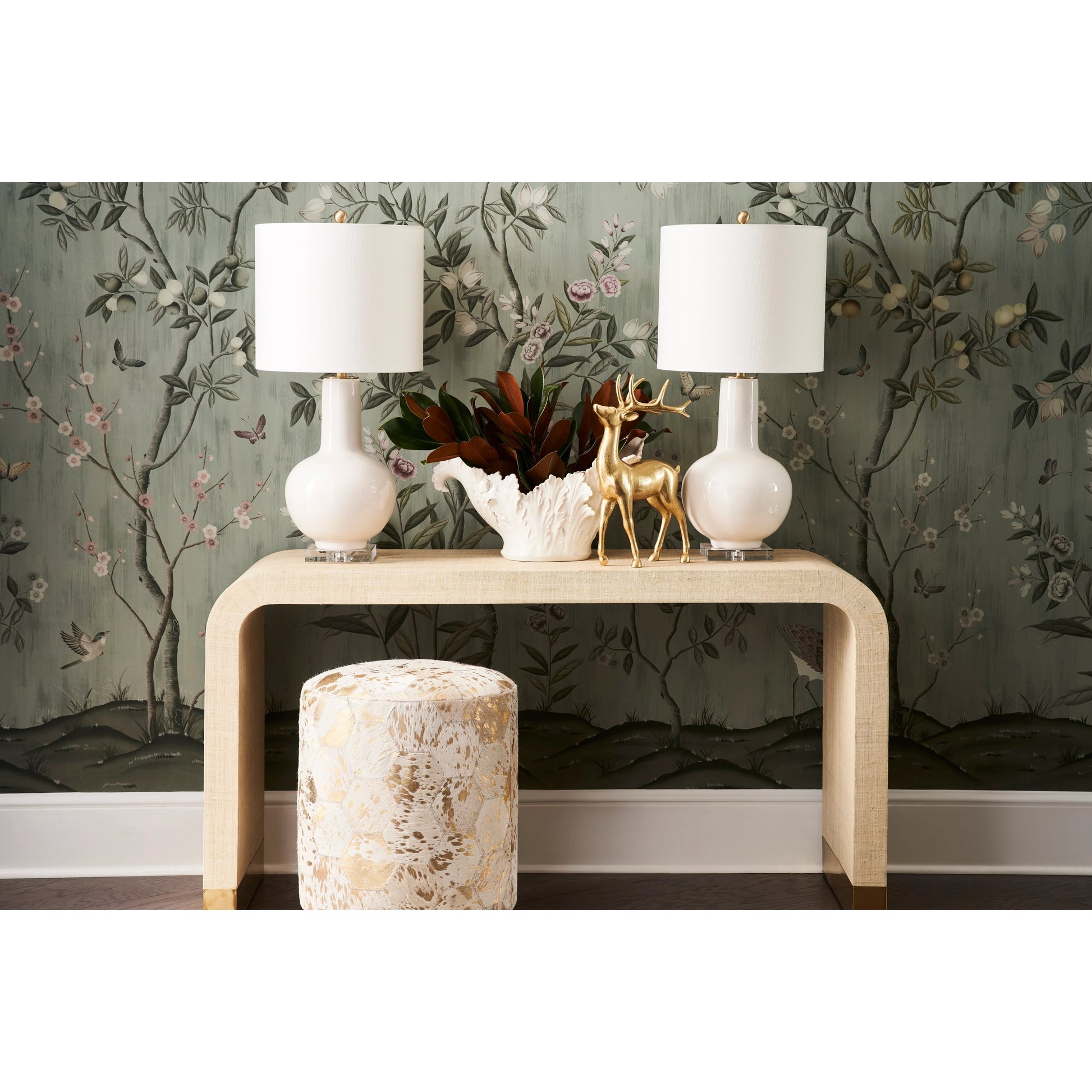 Waterfall Raffia Console by Chelsea House. Made from raffia, brass in a modern style.