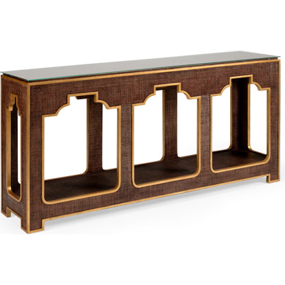 Yangon Console by Chelsea House in brown, antique gold, clear. Made from raffia, wood, glass in a modern style.