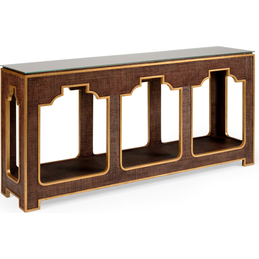 Yangon Console by Chelsea House in brown, gold. Made from raffia, wood, glass in a modern style.