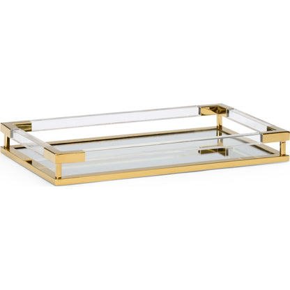 Acrylic Handle Tray by Chelsea House in clear, antique brass. Made from crystal, iron in a transitional style.