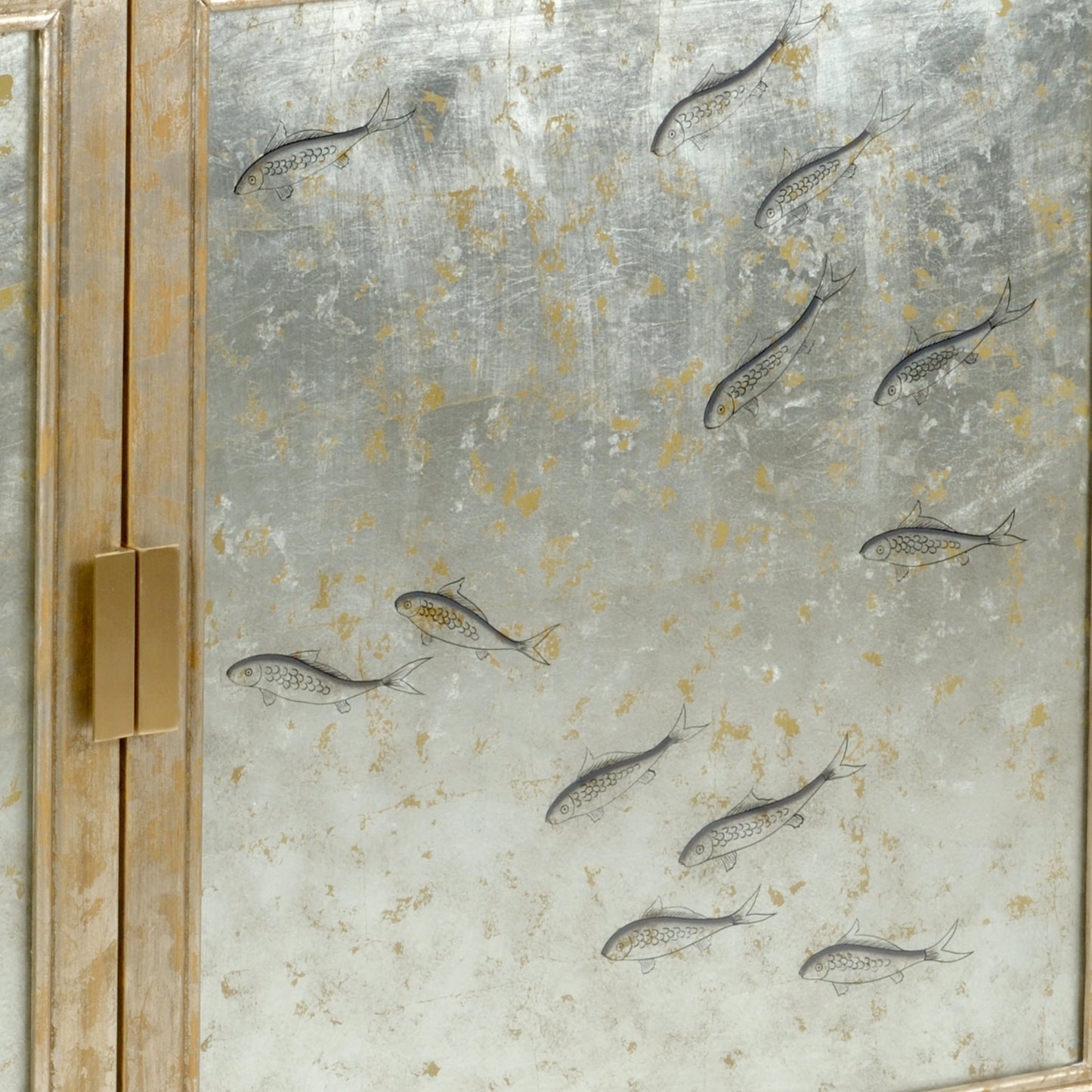 002 SR-382287 | Closeup | Chinoiserie Cabinet by Chelsea House in walnut, silver leaf. Made from wood, glass in a modern style.